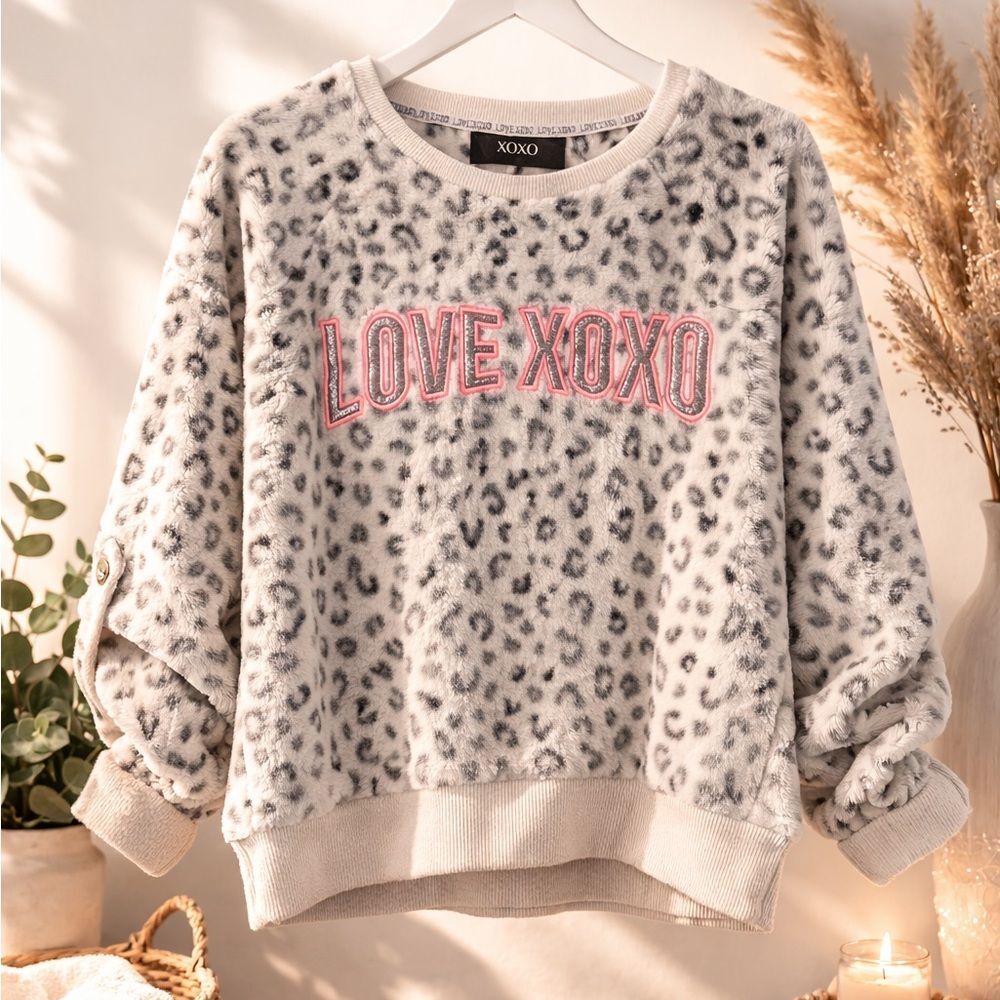 Leopard Fleece Sweatshirt XOXO Love Cozy Pullover Small